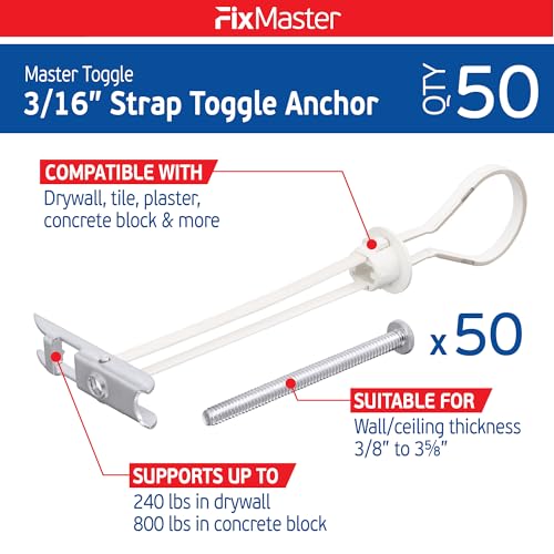 3/16" Heavy Duty Drywall Toggle-Bolt Strap Anchors (50 Pack) w/ 50 Steel Threaded Studs - 3/16-24 UNC Fastener Size - Great for TV mounting, 240 lb Holding Strength