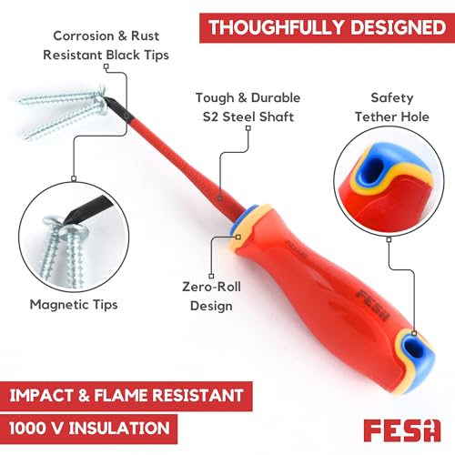 FESA Electrician Insulated Screwdriver Set - 1000V 11-Piece Professional Electrician Screwdriver Set with Magnetic S2 Steel Tips - Pozidriv, Phillips, Flathead or Slotted & Torx - Insulated Tools