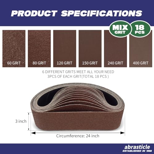 18 Pcs 3 x 24 Inch Assorted Aluminum Oxide Sanding Belt - 60/80/120/150/240/400 Grit 3x24(18pcs)