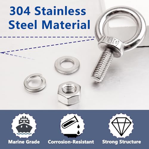 10 Pack M10 x 25mm Threaded Eyebolts with Nuts Washers,Stainless Steel Marine Grade Shoulder Eye Bolt,Eyebolts for DIY, Furniture,Swing, and Outdoor Use (M10 x 25mm)