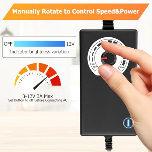 RUIZHI PWM Fan Controller + 36W 12V Power Supply, PWM Controller Fan Speed Control Module, 100-240V AC to 3-12V 3A DC, Adjustable Adapter with Splitter Cable, DC Female 4pin 4