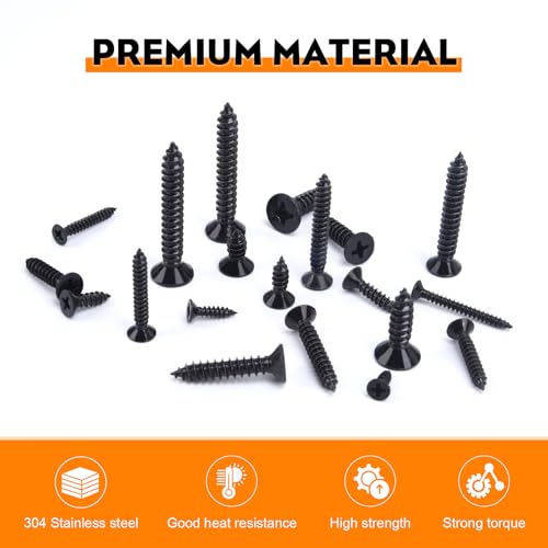 542PCS #4#6#8#10#12 Phillips Head Screw Set Stainless Steel Wood Screws Assortment Kit, Assorted Sheet Metal Self Tapping Screws, 18-8(304) Stainless Steel (Flat Black) flat black