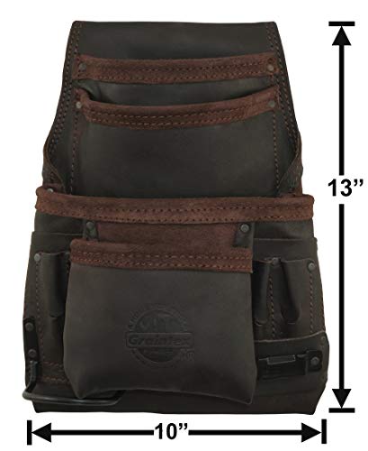 Graintex OS2714 10 Pocket Nail & Tool Pouch Top Grain Oil Tanned Leather for Framers, Constructors, Electricians, Plumbers, Handyman Brown