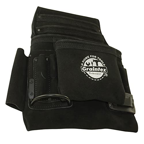 Graintex SS2780 10 Pocket Nail & Tool Pouch Black Color Suede Leather for Constructors, Electricians, Plumbers, Handymen