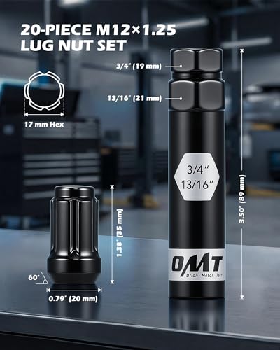 OMT M12x1.25 Lug Nuts with Cone Seat, 20pcs Lug Nuts Set with 1 Socket Key 20-Piece Spline Tuner Black