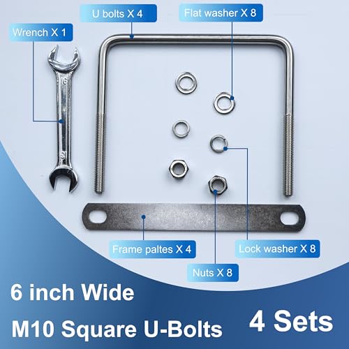 4 Pcs M10 Square U Bolts 6 Inch Wide, 3/8" x 6"W x 5-1/8"L M10 x 6"W x 5-1/8"L 4