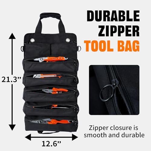 2-Piece Tool Bag Set, Black Roll-Up Waterproof Tool Organizer & Army Green Small Tool Pouch, Heavy-Duty Tool Storage Combo for Electrician, Mechanic, Carpenter, and DIY Projects