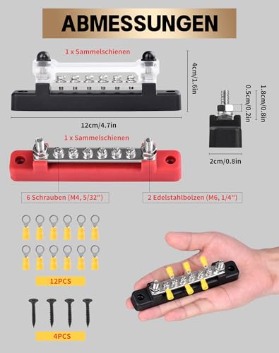 LAOYE Busbar 12V-48V DC 150A Busbar Busbar Distribution Block 12V Power Distribution Block with Cover 6x M4 Terminal Bolts 12 V Distributor for Car RV Truck Red Black Pack of 2 150A-6M4
