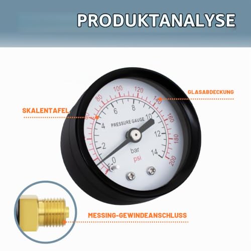 1-Pcs 50 mm Well Pump Pressure Gauge BSP 1/4 Inch 0-14 Bar 0 ~ 200 Psi with 2 Pieces Socket 1/4 Inch to 3/8 Inch, 1/4 Inch to 1/2 Inch and 1 Piece Hex Nipple Reducing 1/4 Inch to 1/8 Inch, Teflon Tape, Axial 50MM, 14bar(200psi)