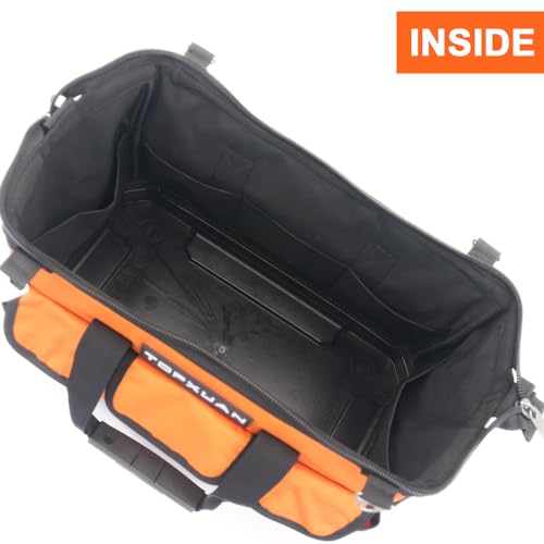 16 Inch Heavy Duty Tool Bag - Molded Plastic Base, Waterproof 900D Oxford Cloth, 16 Pockets Wide Mouth Tool Organizer with Shoulder Strap for Power/Hand Tools (Orange) YT-STBAG-1601