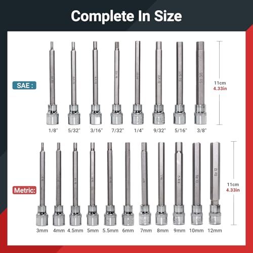 3/8" Drive Extra Long Allen Hex Bit Socket Set 19Pcs CR-V/S2