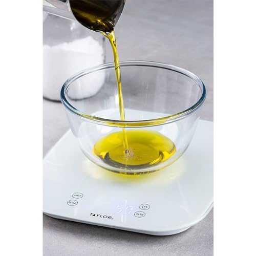 Taylor Pro Digital Kitchen Food Scales, Compact Professional Standard with Precision Accuracy and Waterproof Design with Tare Feature, White Glass, Weighs 14 kg/14 L Capacity Scale