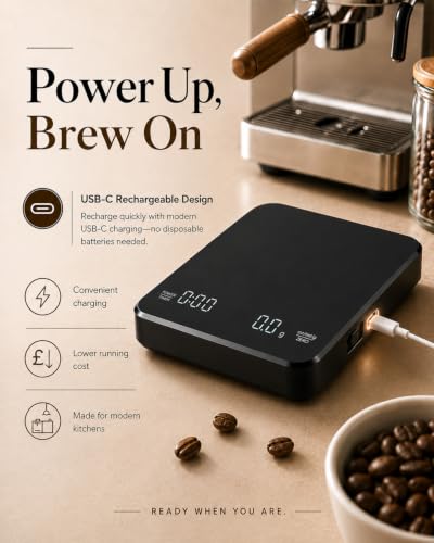 Rechargeable Coffee Scale with Auto Timer, 3kg Digital Espresso Scale 0.1g Precision, USB-C Charging Barista Coffee Scale with LED Display and Tare Function for Espresso, Pour Over and Brewing