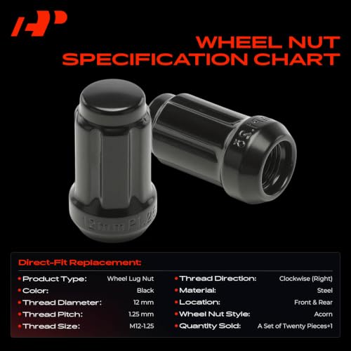 A-Premium Front & Rear M12-1.25 Wheel Lug Nuts with Socket Key, Set of 21