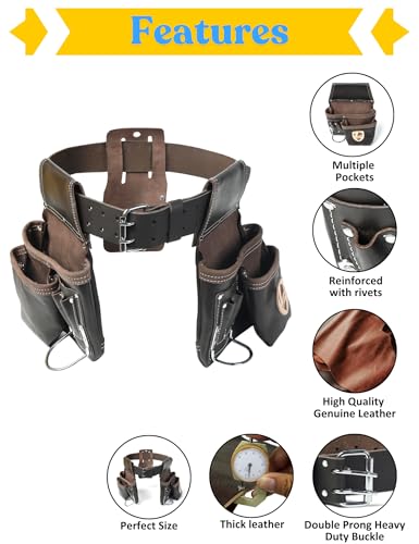 Heavy-Duty Full Grain Leather Tool Belt for Electricians – Multi-Pouch Construction Work Gear with Key Clip, Durable Carpenter Utility Belt for Men (Style 4, Standard) Style 4