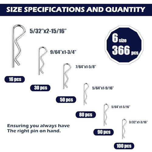 366pcs Cotter Pin Assortment Kit, 6 Sizes R Clip Pin Set