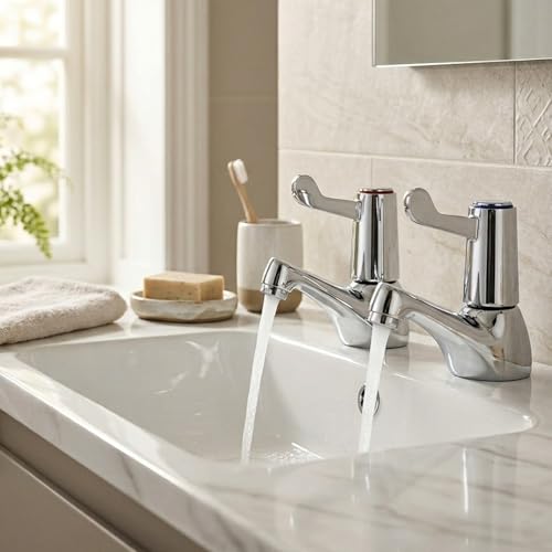 2PCS Hot & Cold Bathroom Basin Taps Chrome Plated Brass Sink Tap Pair with 1/2" BSP Thread, Quarter Turn Lever Handles & Ceramic Disc Valves Deck Mounted Taps for Bathroom & Kitchen Sink