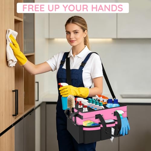 ZKOO Large Cleaning Caddy Bag with Handle, Portable Cleaning Supply Organizer Tote with Sturdy Support Board Adjustable Shoulder Strap, Multi-Compartment Storage for Housekeepers, Maids Cleaners, Pink