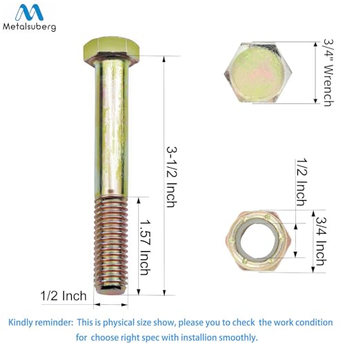 Grade 2 Shear Bolts 1/2" x 3-1/2" for Rotary Cutter,Tractor Gearbox,by Color Galvanization with Nylon Lock Nut Kit,by Metalsuberg .(12pcs Pack) 12pcs grade 2