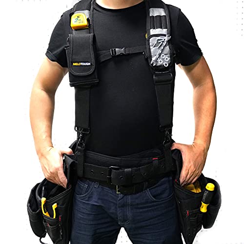 MELOTOUGH 1 PACK Tool Belt with D ring and Strong Durable Double Metal Roller Buckle,Adjustable waist + 1 PACK Magnetic Suspenders Tool Belt Suspenders with Large Moveable Phone Holder