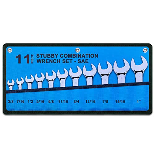 Premium Stubby Combination Wrench Set with Roll-up Pouch, 11-Piece, SAE, 3/8” to 1”, No Skipped Inch Size | Cr-V Steel, Mirror Polished Finish | Short Length and Slim Body, Perfect for Confined Areas SAE Set