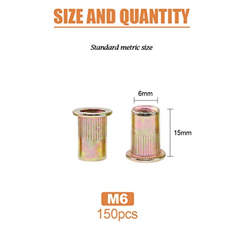 Keadic 200Pcs M6 Metric Zinc Stainless Steel Plated Carbon Steel Rivet Nut Flat Head Threaded Insert Nutsert Kit for Automotive, Furniture, Decoration