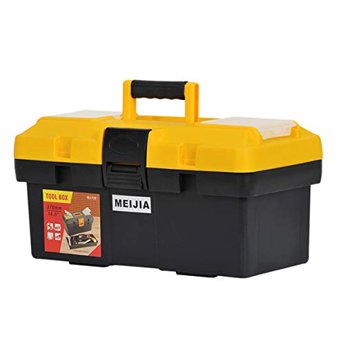 MEIJIA Portable Tool Storage Box, Organizers With Detachable Tray And Top Cover Storage Available,Black And Yellow(14.5") 14.5"