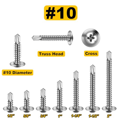 Mywish 200pcs #10×1" Self Tapping Screws for Metal & 155Pcs #10 Modified Sheet Metal Screws Assortment Kit, 1/2" to 2" Truss Head Screws, 410 Stainless Steel Self Tapping Screws for Metal Wood, Hex Wa