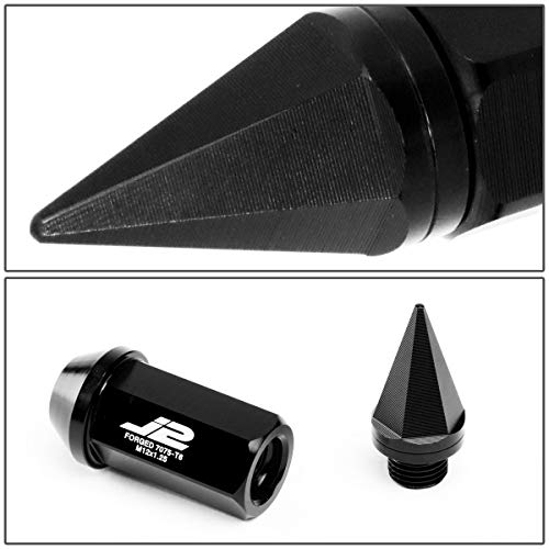 J2 Engineering 7075-T6 Aluminum M12 x 1.25 20Pcs 75mm Tall Spiky Cap Lug Nut w/Adapter Black