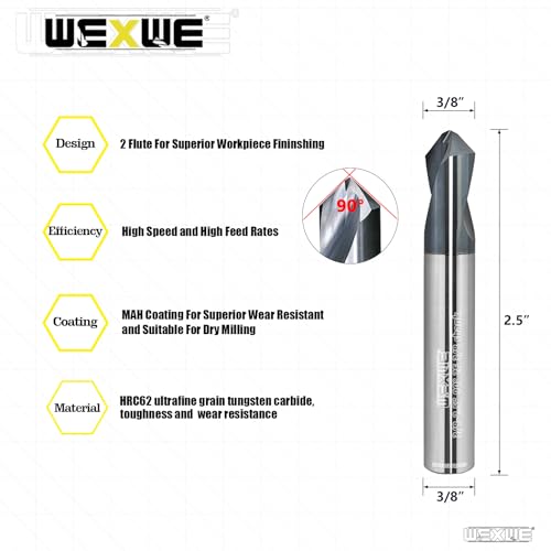 Tools Chamfer End Mill,Drill Tip with Cutting Edge for Carving, Drilling and Chamfering Suit for Alloy Steel, Hardened Steel, 90 Degree 2 Flute(3/8-2.5"-2CPS) Drill 3/8-2 2PCS