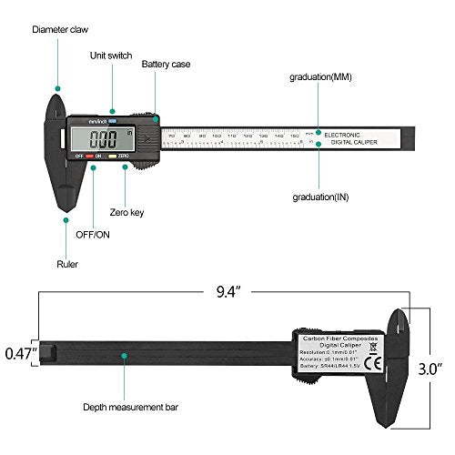 Digital Calliper, 150mm Classic Calliper with Large LCD Display for Outer, Inner and Depth Measurement, Black | inch/mm measuring tool, two batteries, brake discs diameter gauge for exterior, inner and depth measurement, black