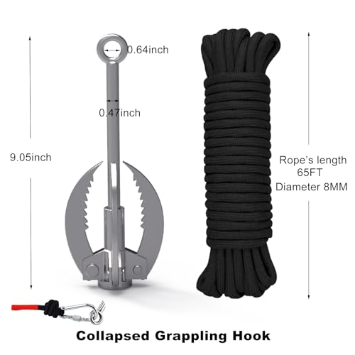 Grappling Hook, Anchor Hook with 4-Claw Folding Stainless Steel Hooks for Anchor Retrieving, Outdoor Hiking, Tree Limb Removal,Water Lifting Salvage Silver 4 Claw