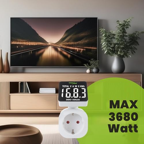 Green Blue Electricity Meter, Energy Cost Meter, Digital Wattmeter, Power Consumption Meter, Energy Meter, 16 A Max: 3680 W, Display of Consumed kWh and Energy Costs | Secondary memory (Schuko socket)