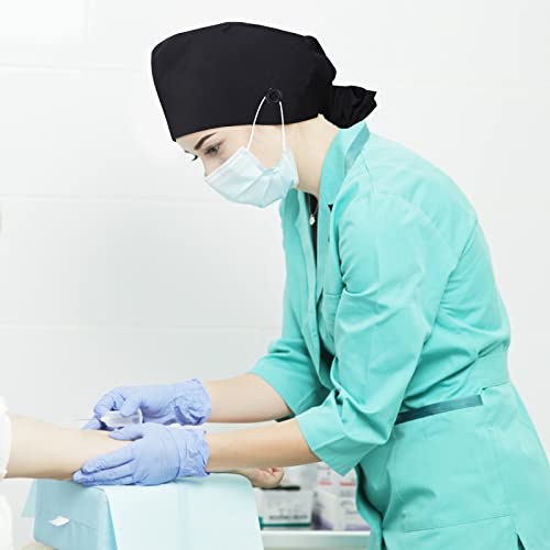 Surgical Cap Fabric Black Cotton Scrub Hat Surgical Cap Nurse Hat Surgical Hat Adjustable Work Hat with Button Sweatband Ponytail Pocket Hat Lace-up Hat for Women