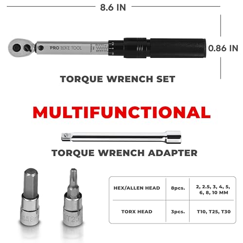 PRO BIKE TOOL 1/4 Inch Drive Click Torque Wrench Set - Precise 2 to 20 Nm Bike Tool Kit for Road and Mountain Bikes - Includes 1/4 Torque Wrench, Allen, Torx Bits, Extension Bar and Storage Box Silver