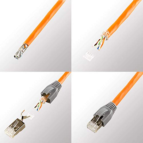 Faconet Pack of 20 RJ45 network plugs CAT 7A CAT 6A CAT7 yellow up to 10 Gigabit crimp plug modular plug connector kink protection case installation cable network LAN cat7 cat8.1 AWG23 insertion aid