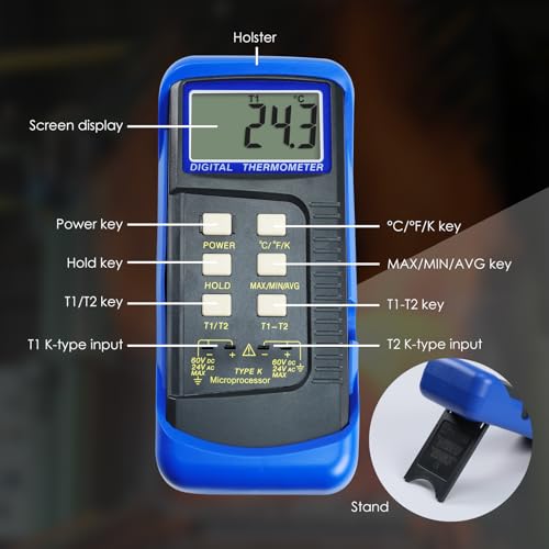 Dual Channel Thermocouple Thermometer Digital Temperature K Type Thermometer with 4 Probe (Wired & Stainless Steel) -50~1300°C (-58~2372°F) Range Temperature Meter Gauge Blue