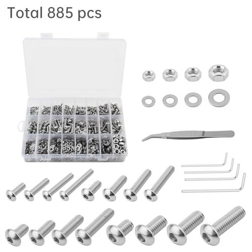 880pcs Metric Bolts and Nuts Assortment Kit - 304 Stainless Steel Hex Socket Cap Screws Set, Include M3 M4 M5 M6 Screws, Nuts & Washers, 4 Hex Wrenches andTweezers
