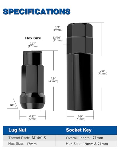 GAsupply M14x1.5 Extended Open Lug Nuts Black, 1.9" Tall 17mm Hex Cone Seat Long Open