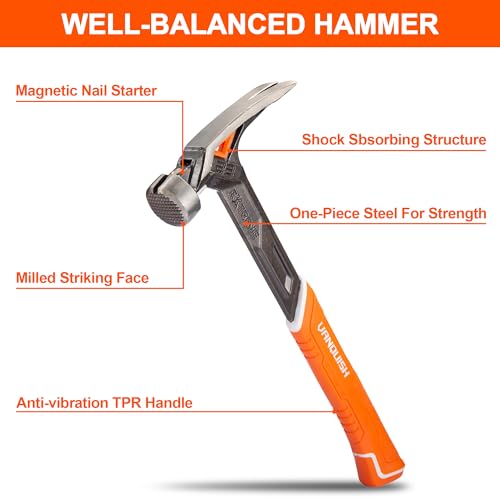 VANQUISH 17 oz Framing Hammer, Straight Claw Hammer with Magnetic Nail Holder, Rip Claw Hammer with Milled Face & Shock Absorbing Grip, Heavy Duty One-piece Forged Hammer 0527