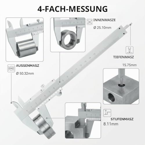 Vernier Calliper 150 mm Stainless Steel High Precision Calliper Analogue | Shockproof Caliper with Case, Metric & Inch Scale, Silver, with Depth Gauge, Industrial & Household, with Depth Gauge