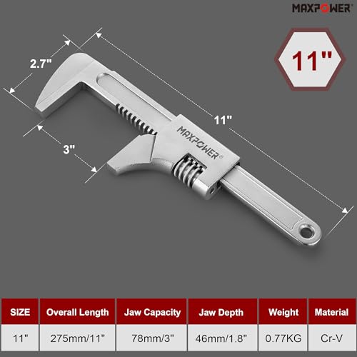 MAXPOWER 11" Automotive Wrench, Adjustable Wrench Wide Jaw Opening 3", Adjustable Auto Wrench for Automobiles Construction, Machine Maintenance and Home Repairs