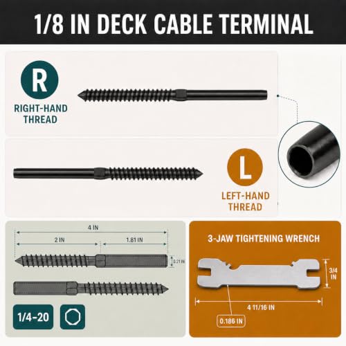 ZONEGRACE 60 Pack Black Cable Railing Hardware, Cable Rail Kit for Wood Posts with T316 Right & Left Handed Swage Lag Screws and Crimp Tensioner Terminals for 1/8 Inch Wire Rope