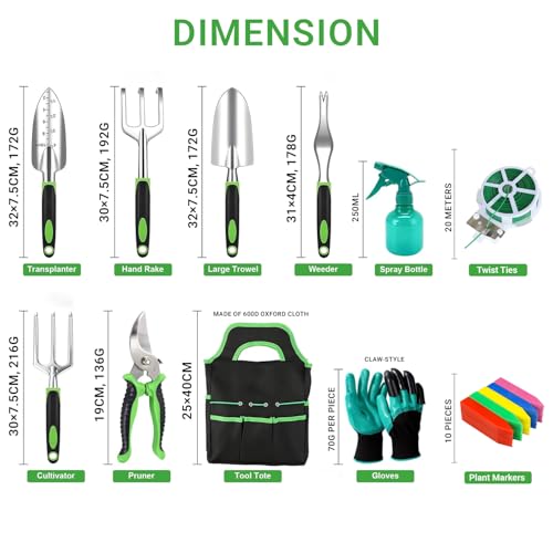 11-Piece Garden Tools Set – Heavy Duty Aluminum Alloy Hand Tools with Ergonomic Non-Slip Handles, Rust Resistant – Includes Trowel, Rake, Pruner & Carry Tote Bag – Gardening Kit for Women & Men