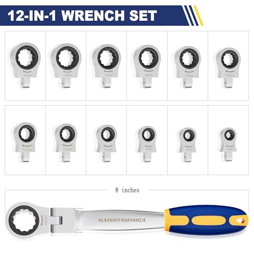 haisstronica 12 in 1 Flex-Head Ratcheting Wrench Set, Metric 8-19 mm Metric-12 in 1 Blue&yellow