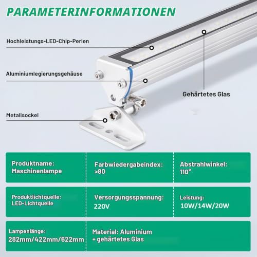 Yjingrui Machine Light LED 422 mm 14 W IP68 115° Adjustable 230 V | With sliding bracket, high-brightness CNC machine work light, for CNC interior lighting, industrial and workshop lighting