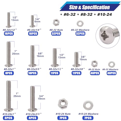 Taiss Machine Screws Nuts and Bolts Assortment Kit,304 Stainless Steel Bolts and Nuts Kit,#6-32#8-32#10-24 8 Sizes Phillips Pan Head Bolt and Nut & Washers+400PCS Metric Flange Bolt Assortment kit