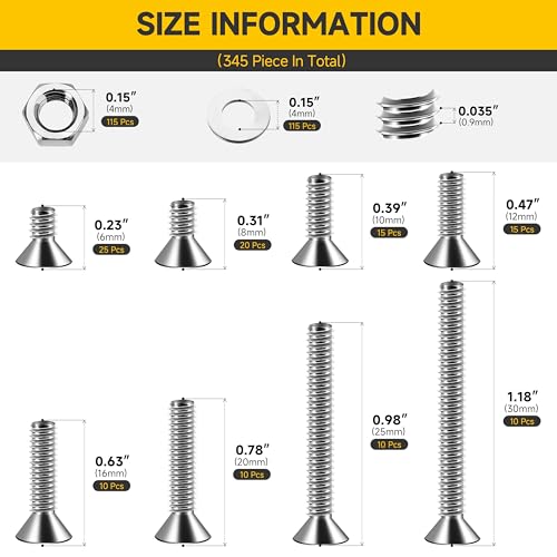Mywish 2200pc M2-M5 Bolts and Nuts Metric Screw Assortment & 345Pcs Metric M4 Screws Assortment Kit, Flat Head Screws, Stainless Steel Hex Bolts & Nuts, Spring Washers, Anti-Rust, with Hex Wrenches