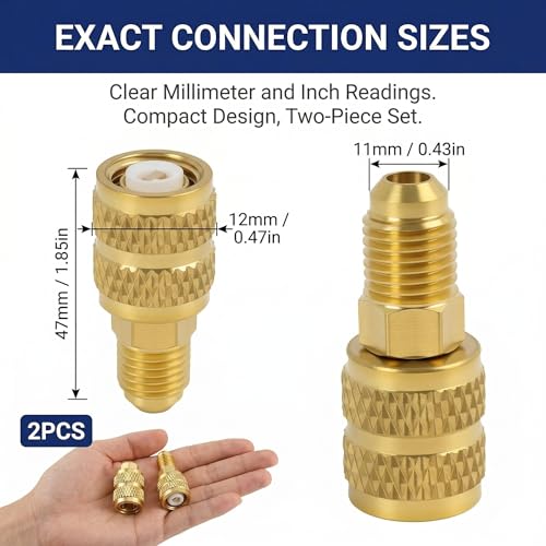R410A R32 Adapter 1/4 Inch SAE Male to 5/16 Inch SAE Female Pack of 2 | Robust brass alloy, corrosion resistant, high pressure resistance, reliable seal prevents refrigerator loss
