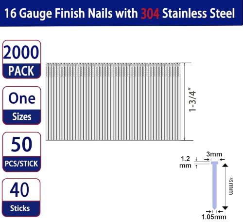 HW HAMWOO 16 Gauge Finish Nails of 304 Stainless Steel,1-3/4",2000Pcs 1-3/4"---2000pcs